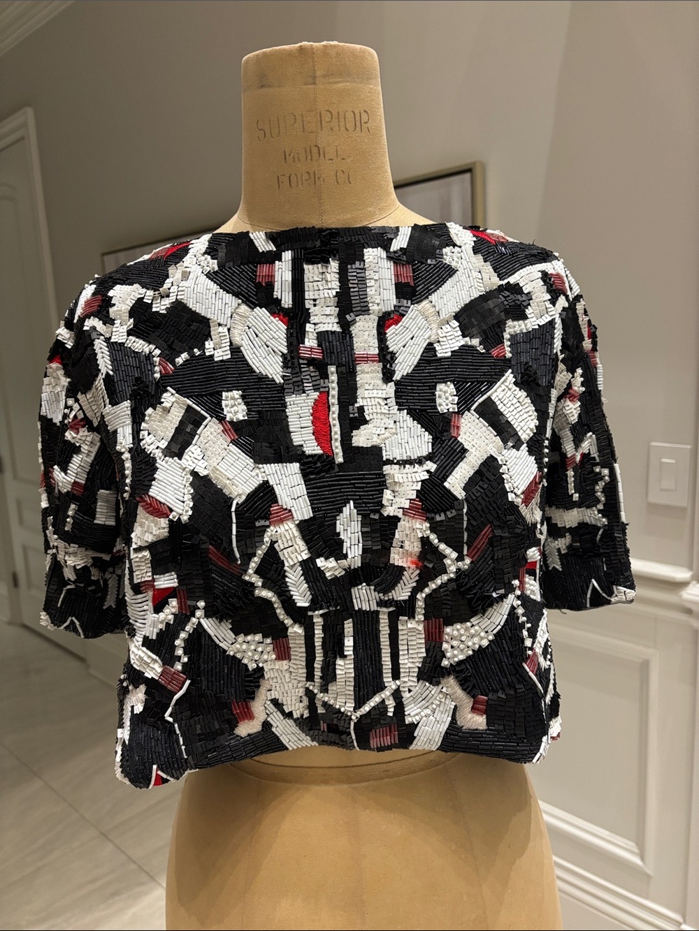 Beaded Black & White Crop Top with Red Accents